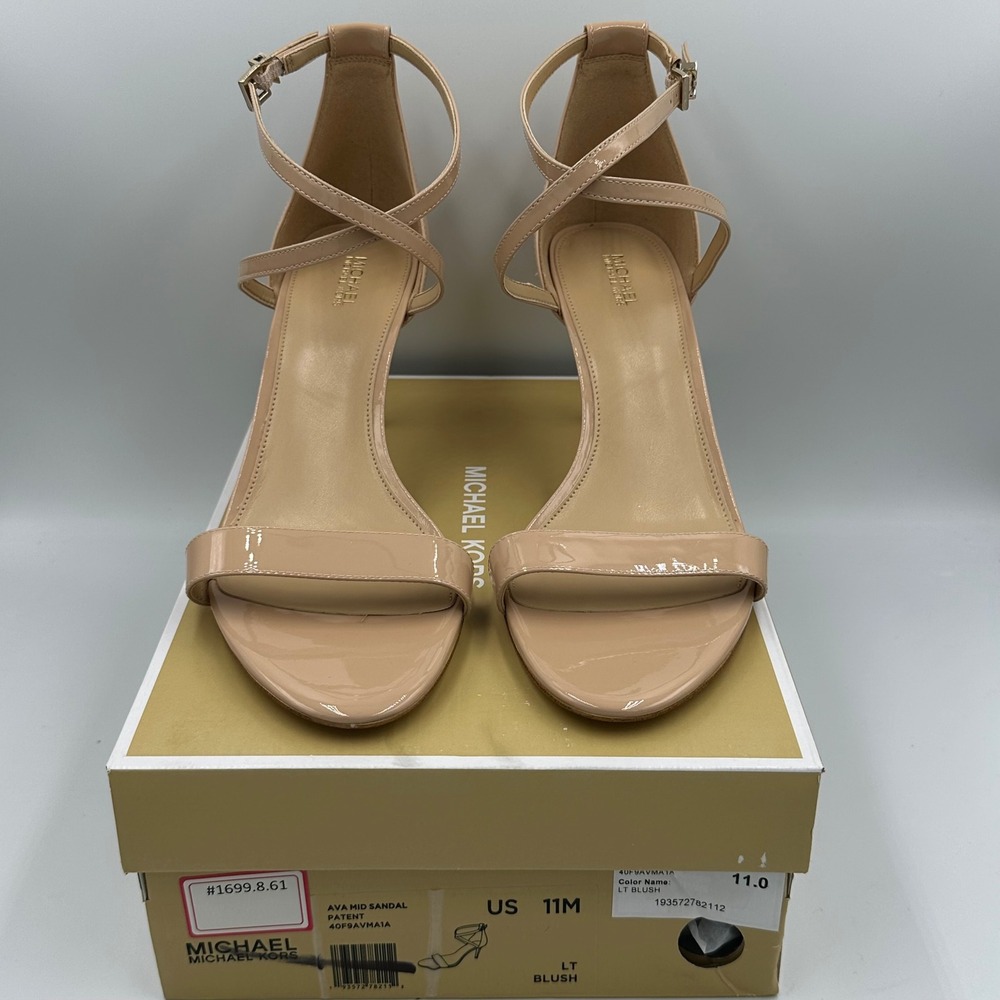 Michael Kors Ava Mid Patent Blush Strappy Heels Sz 11 Nude Minimalist Sandal NIB - Picture 3 of 11